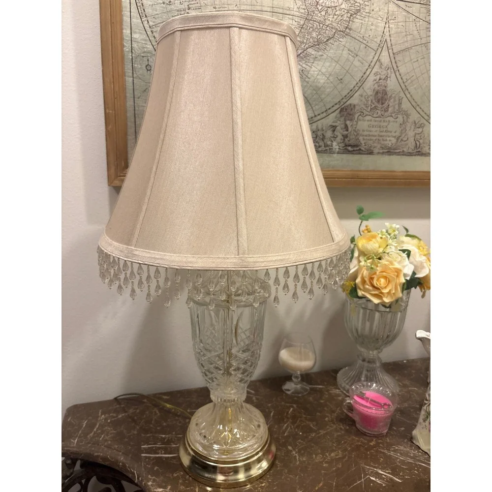 Vintage 40's Style Cut Crystal Table Lamp with Beaded Fringe Bell Shade